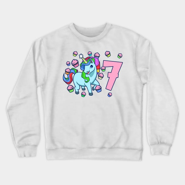 I am 7 with unicorn - girl birthday 7 years old Crewneck Sweatshirt by Modern Medieval Design